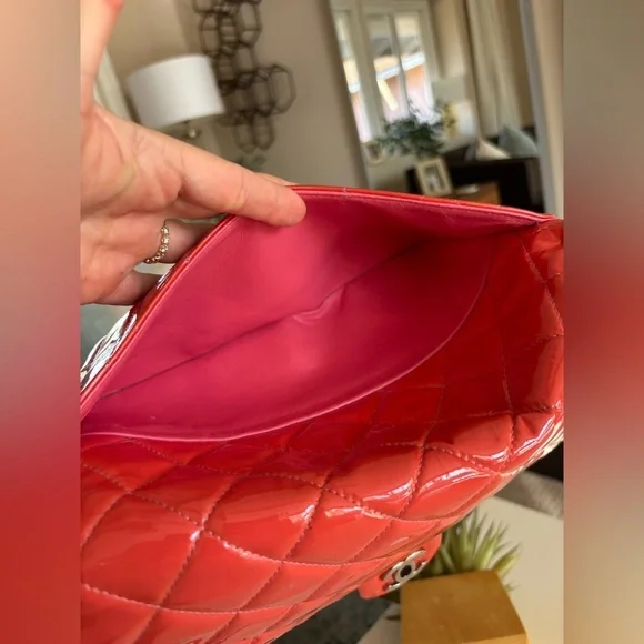 Chanel CC Quilted Patent Flap Clutch Chain Orange Silver Shoulder Bag Purse - Picture 10 of 16